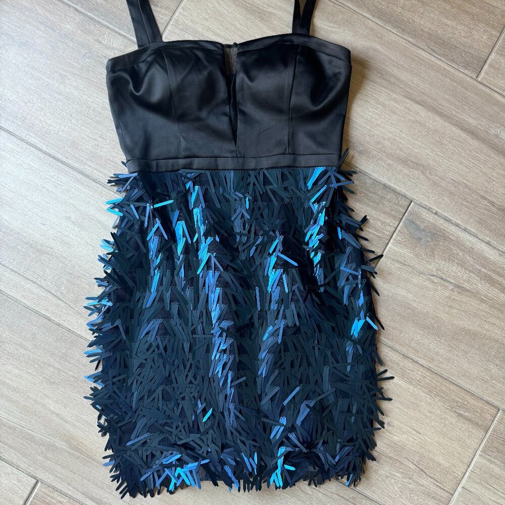 NWT - Guess Black Satin & Blue Sequin Fringe Mesh Bodycon Dress Size 6